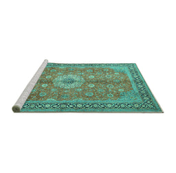 Sideview of Machine Washable Persian Turquoise Traditional Area Rugs, wshtr1326turq