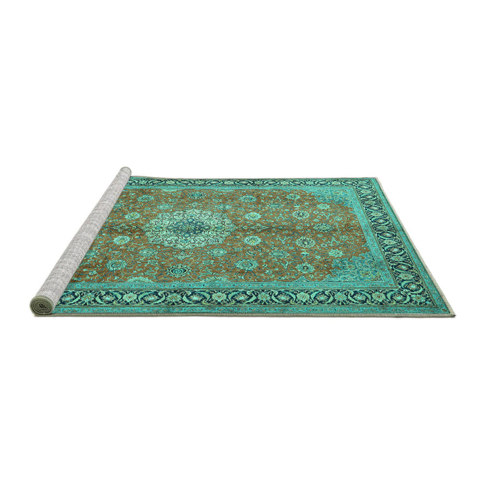 Sideview of Machine Washable Persian Turquoise Traditional Area Rugs, wshtr1326turq