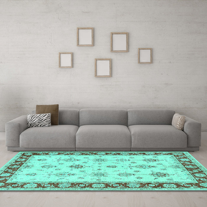Machine Washable Persian Turquoise Traditional Area Rugs in a Living Room,, wshtr1327turq