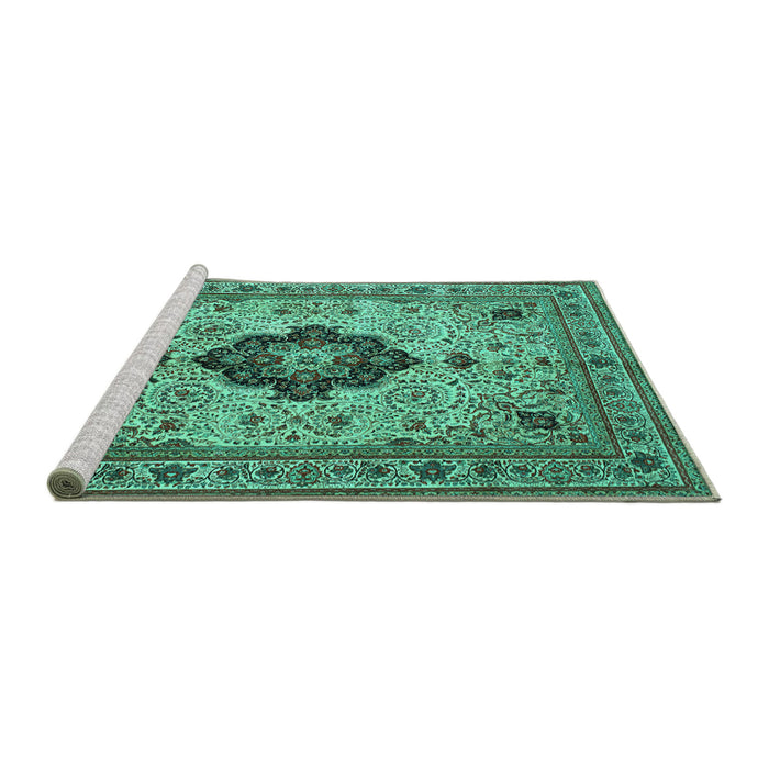 Sideview of Machine Washable Medallion Turquoise Traditional Area Rugs, wshtr132turq