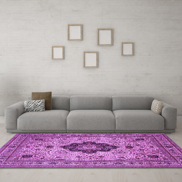 Machine Washable Medallion Purple Traditional Area Rugs in a Living Room, wshtr132pur