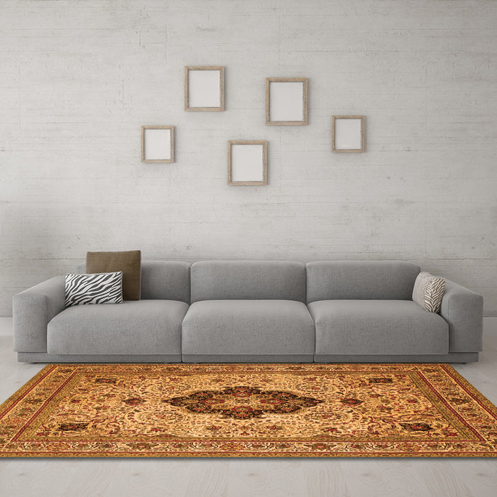 Machine Washable Medallion Orange Traditional Area Rugs in a Living Room, wshtr132org