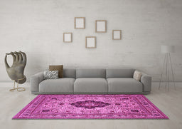 Machine Washable Medallion Pink Traditional Rug in a Living Room, wshtr132pnk