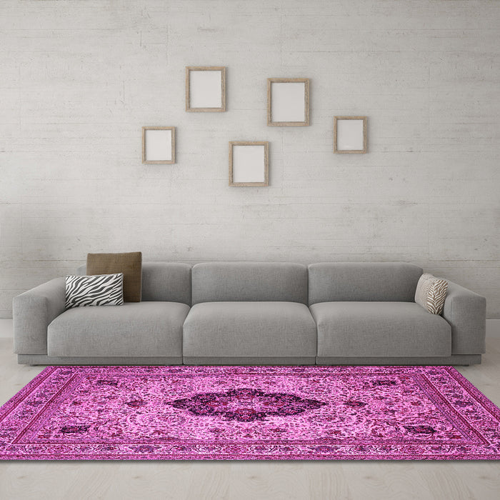 Machine Washable Medallion Pink Traditional Rug in a Living Room, wshtr132pnk