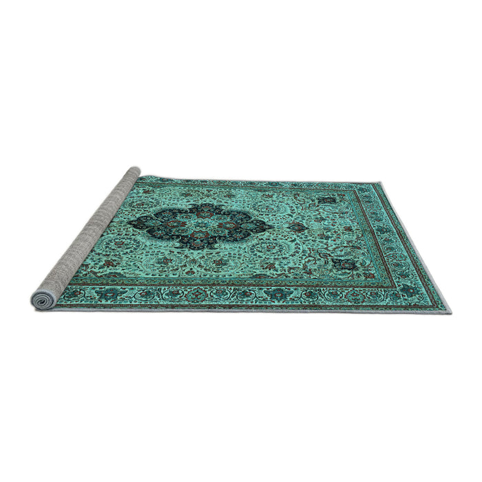 Sideview of Machine Washable Medallion Light Blue Traditional Rug, wshtr132lblu