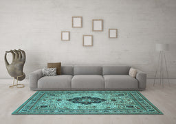 Machine Washable Medallion Light Blue Traditional Rug in a Living Room, wshtr132lblu
