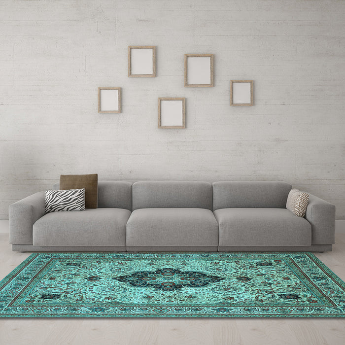 Machine Washable Medallion Light Blue Traditional Rug in a Living Room, wshtr132lblu