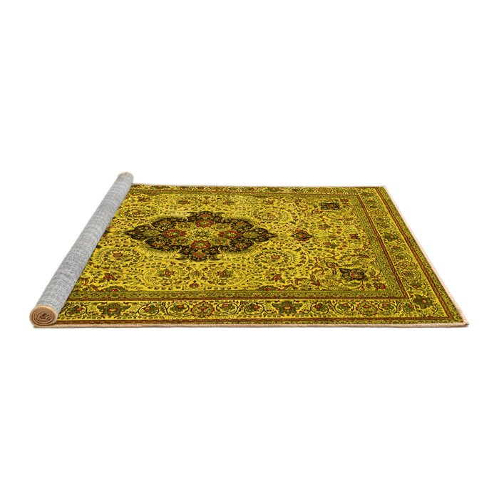 Sideview of Machine Washable Medallion Yellow Traditional Rug, wshtr132yw