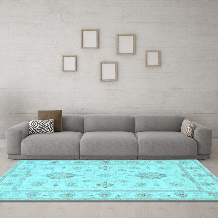 Machine Washable Oriental Light Blue Traditional Rug in a Living Room, wshtr1330lblu