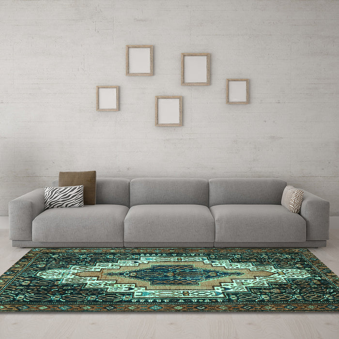 Machine Washable Persian Turquoise Traditional Area Rugs in a Living Room,, wshtr1331turq