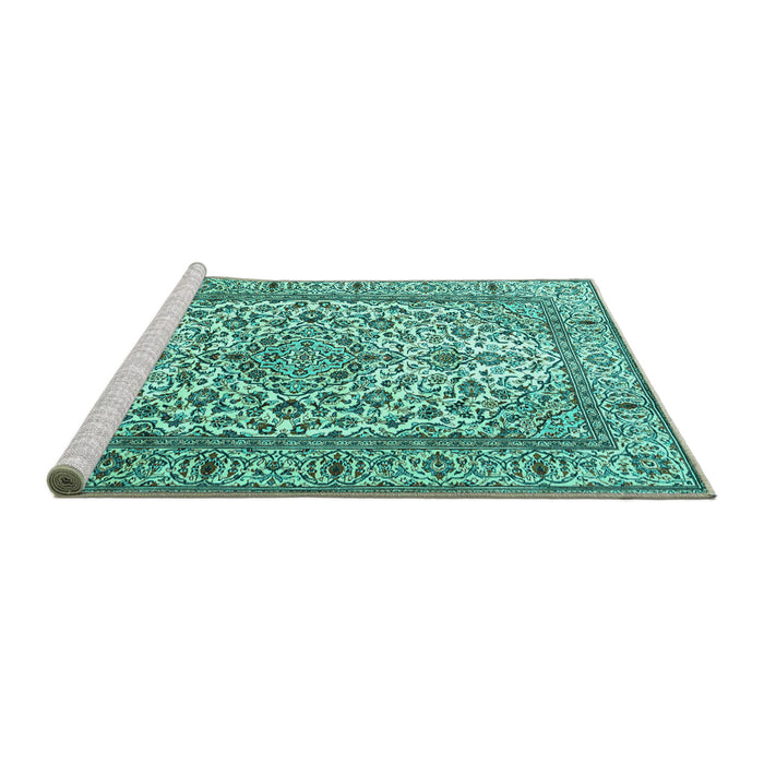 Sideview of Machine Washable Persian Turquoise Traditional Area Rugs, wshtr1332turq