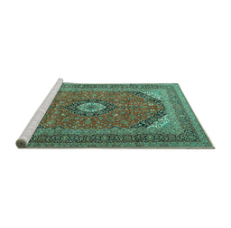 Sideview of Machine Washable Medallion Turquoise Traditional Area Rugs, wshtr1333turq
