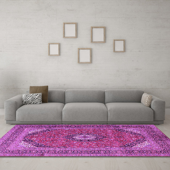 Machine Washable Medallion Purple Traditional Area Rugs in a Living Room, wshtr1333pur