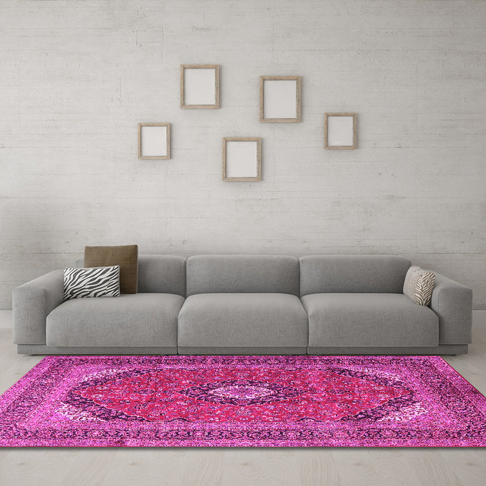 Machine Washable Medallion Pink Traditional Rug in a Living Room, wshtr1333pnk