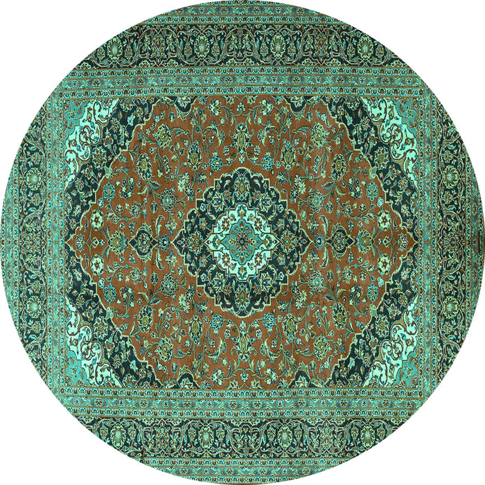 Round Machine Washable Medallion Turquoise Traditional Area Rugs, wshtr1333turq