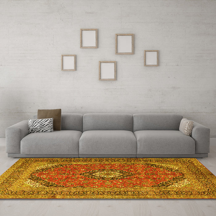 Machine Washable Medallion Yellow Traditional Rug in a Living Room, wshtr1333yw