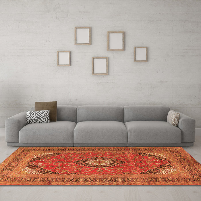 Machine Washable Medallion Orange Traditional Area Rugs in a Living Room, wshtr1333org