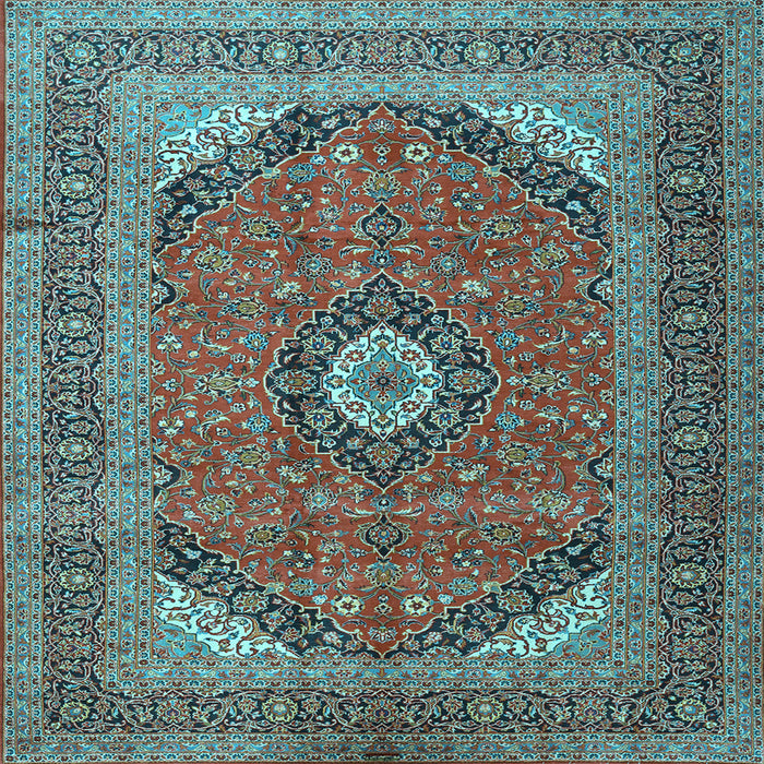 Square Machine Washable Medallion Light Blue Traditional Rug, wshtr1333lblu