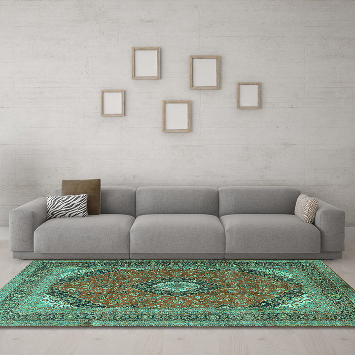 Machine Washable Medallion Turquoise Traditional Area Rugs in a Living Room,, wshtr1333turq