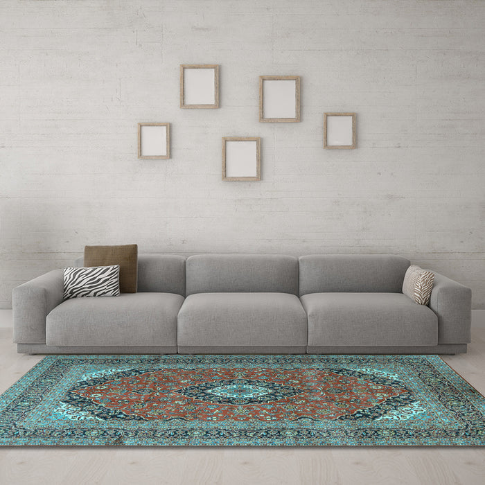 Machine Washable Medallion Light Blue Traditional Rug in a Living Room, wshtr1333lblu