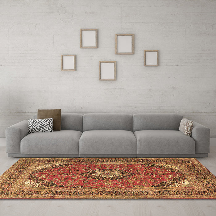 Machine Washable Medallion Brown Traditional Rug in a Living Room,, wshtr1333brn
