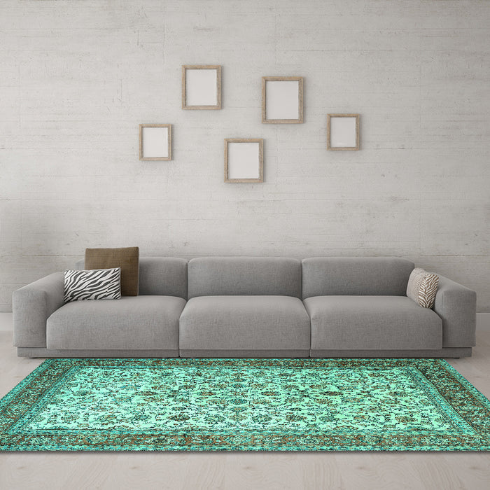 Machine Washable Persian Turquoise Traditional Area Rugs in a Living Room,, wshtr1334turq