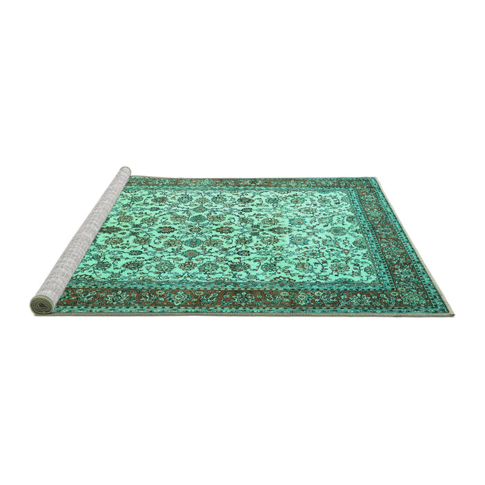 Sideview of Machine Washable Persian Turquoise Traditional Area Rugs, wshtr1334turq
