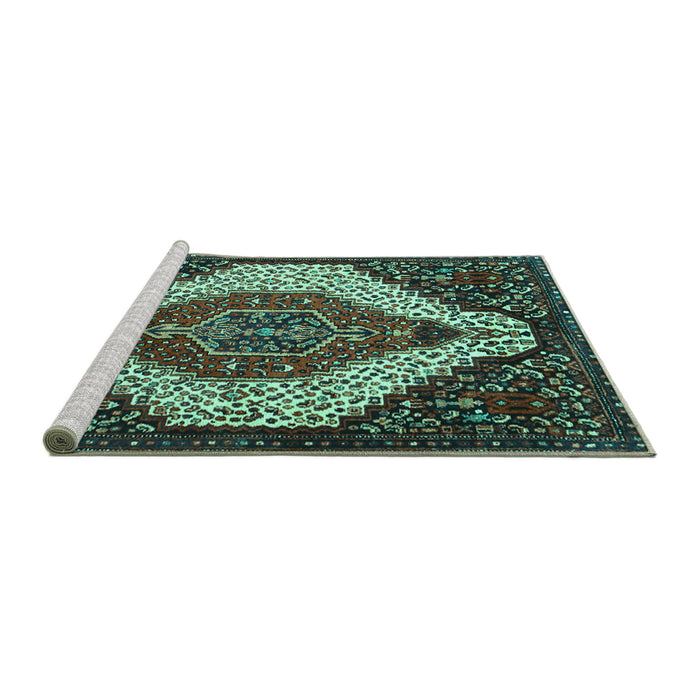 Sideview of Machine Washable Persian Turquoise Traditional Area Rugs, wshtr1336turq