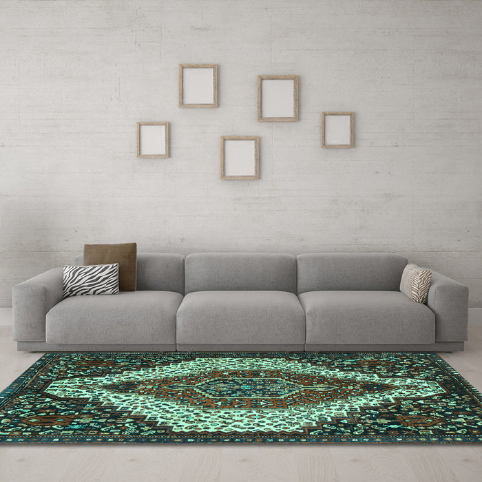 Machine Washable Persian Turquoise Traditional Area Rugs in a Living Room,, wshtr1336turq