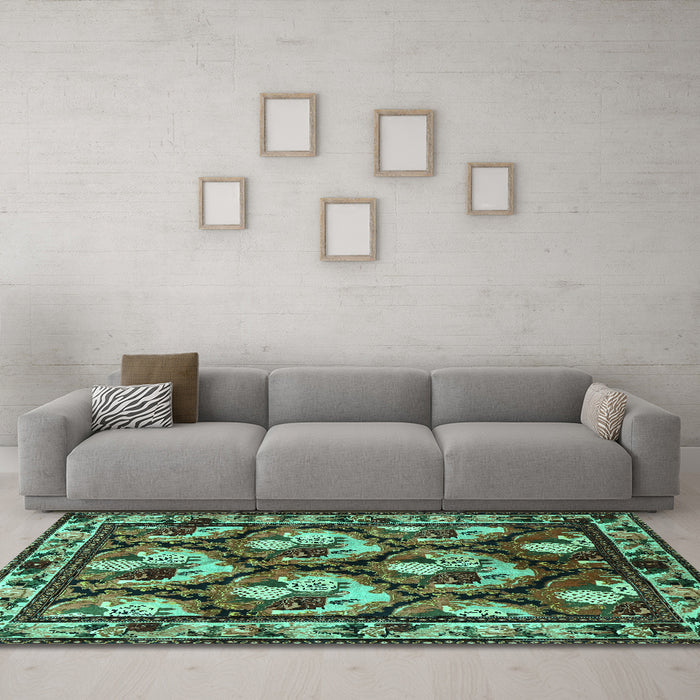 Machine Washable Animal Turquoise Traditional Area Rugs in a Living Room,, wshtr1337turq