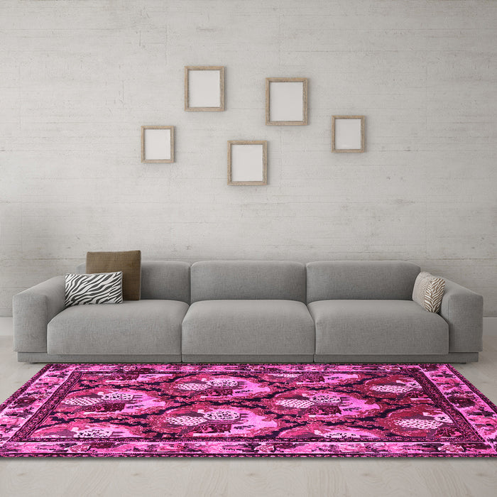 Machine Washable Animal Pink Traditional Rug in a Living Room, wshtr1337pnk