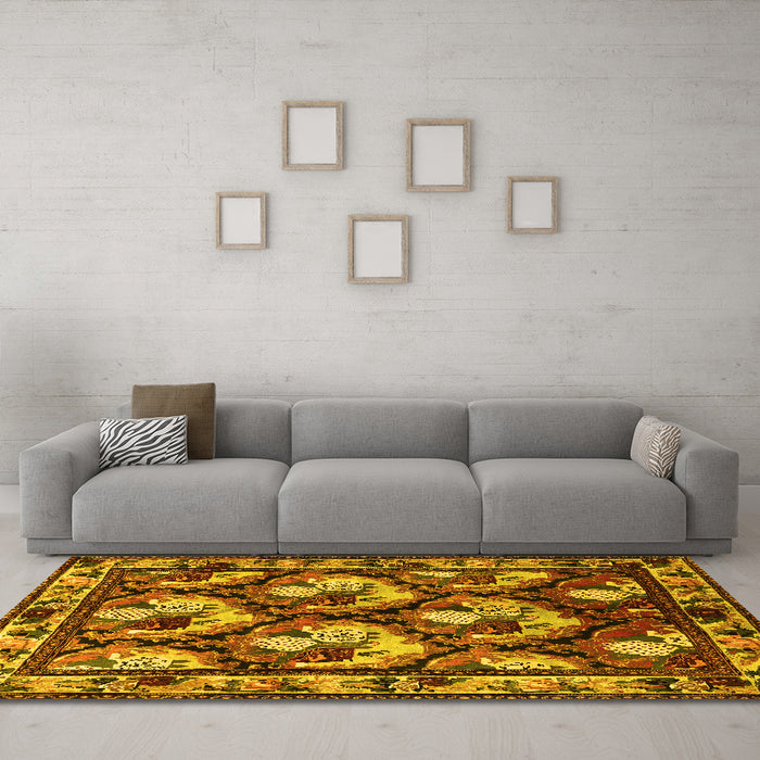 Machine Washable Animal Yellow Traditional Rug in a Living Room, wshtr1337yw