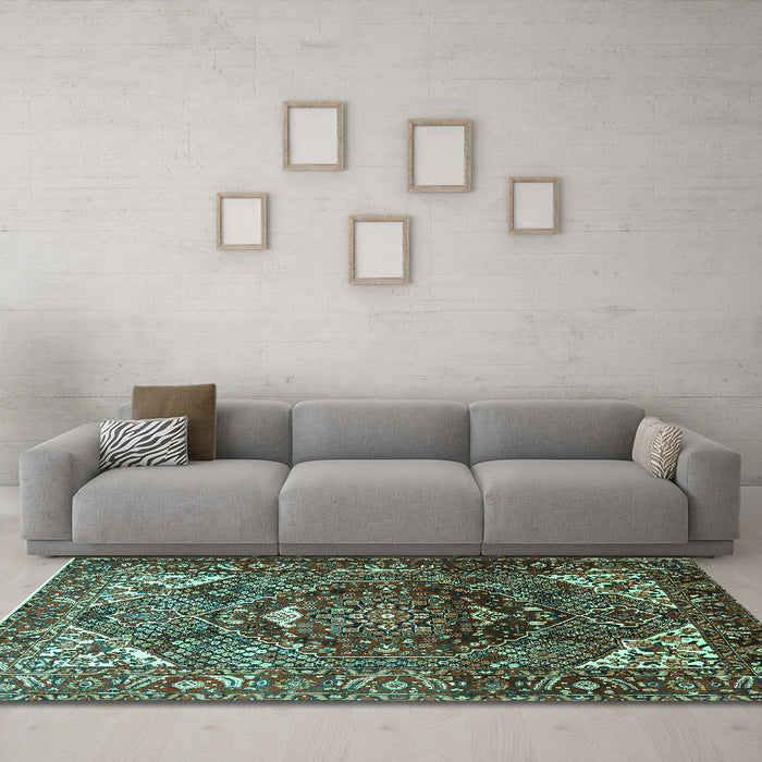 Machine Washable Persian Turquoise Traditional Area Rugs in a Living Room,, wshtr1339turq