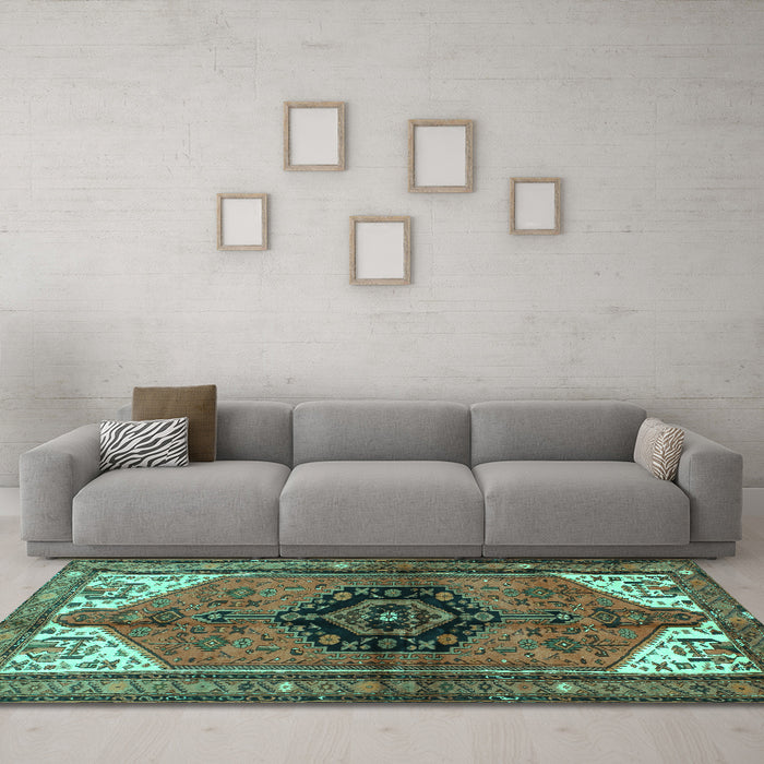 Machine Washable Persian Turquoise Traditional Area Rugs in a Living Room,, wshtr133turq