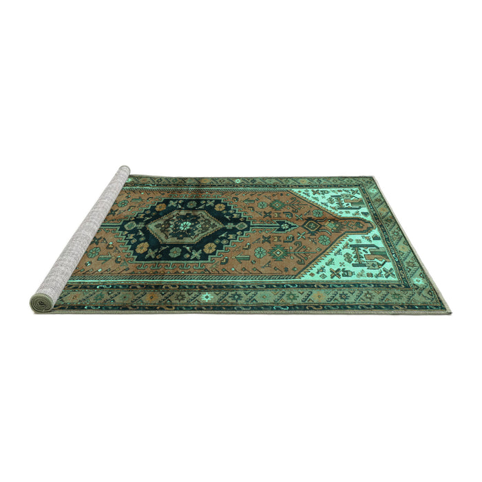 Sideview of Machine Washable Persian Turquoise Traditional Area Rugs, wshtr133turq