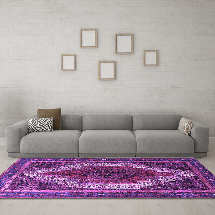 Machine Washable Persian Purple Traditional Area Rugs in a Living Room, wshtr1340pur