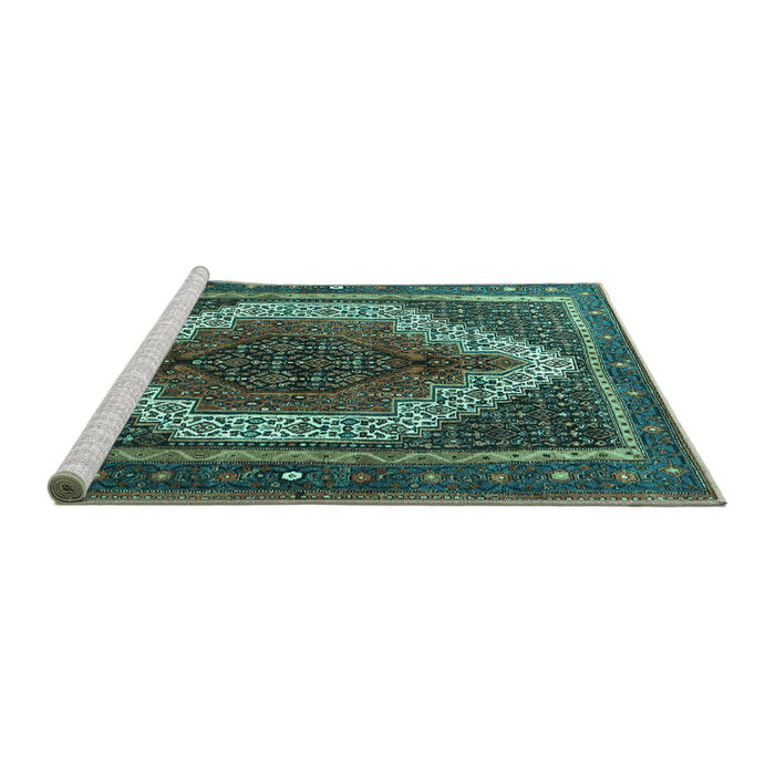 Sideview of Machine Washable Persian Turquoise Traditional Area Rugs, wshtr1340turq