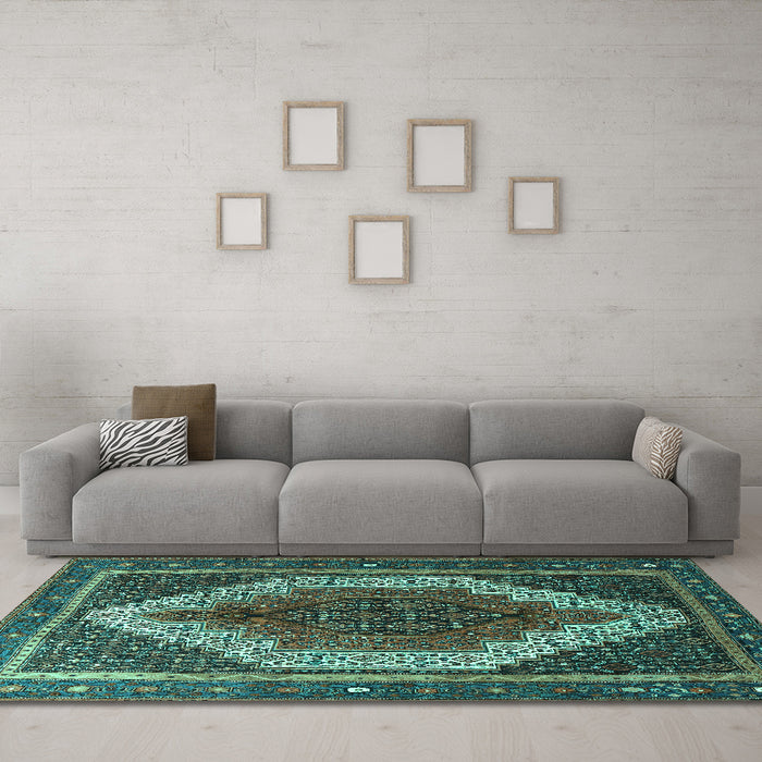 Machine Washable Persian Turquoise Traditional Area Rugs in a Living Room,, wshtr1340turq