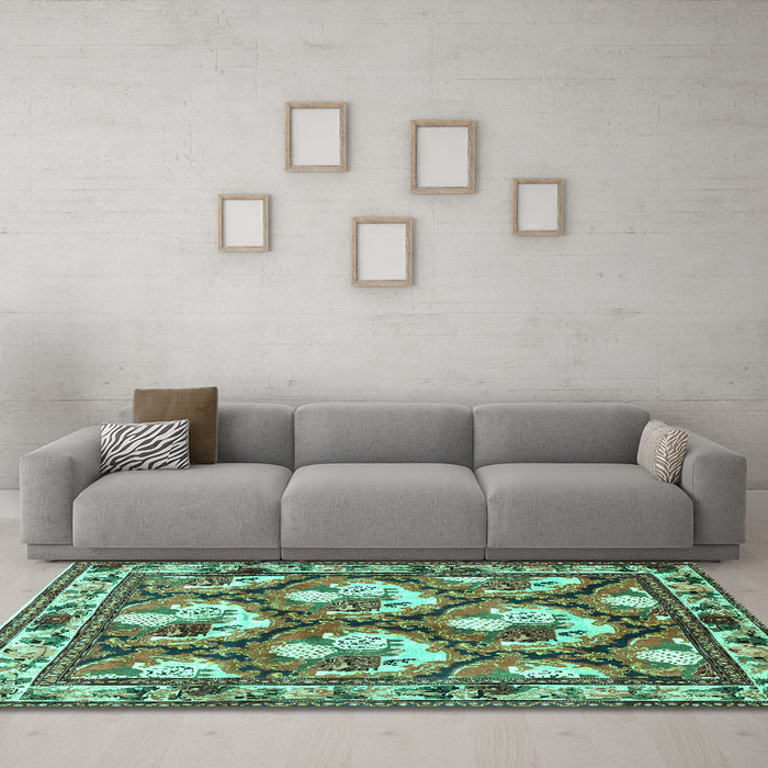 Machine Washable Persian Turquoise Traditional Area Rugs in a Living Room,, wshtr1341turq