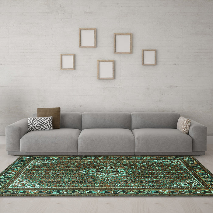Machine Washable Persian Turquoise Traditional Area Rugs in a Living Room,, wshtr1342turq