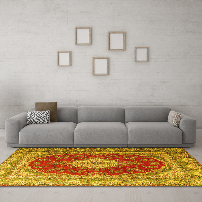 Machine Washable Persian Yellow Traditional Rug in a Living Room, wshtr1343yw