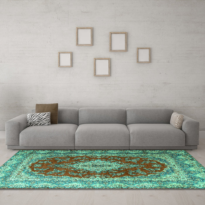 Machine Washable Persian Turquoise Traditional Area Rugs in a Living Room,, wshtr1343turq