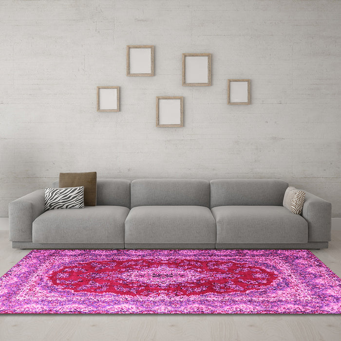 Machine Washable Persian Pink Traditional Rug in a Living Room, wshtr1343pnk