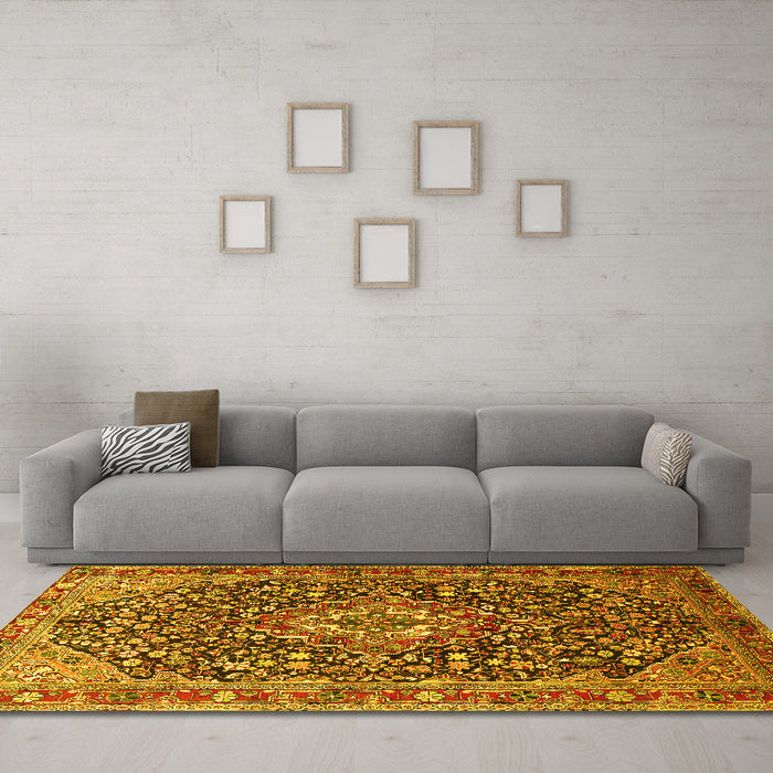 Machine Washable Persian Yellow Traditional Rug in a Living Room, wshtr1344yw