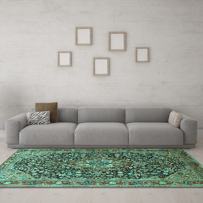 Machine Washable Persian Turquoise Traditional Area Rugs in a Living Room,, wshtr1344turq