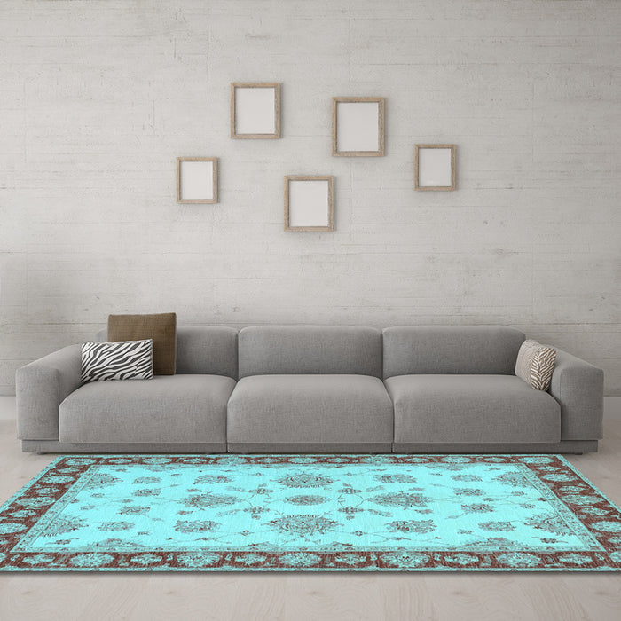Machine Washable Oriental Light Blue Traditional Rug in a Living Room, wshtr1345lblu