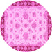 Round Machine Washable Oriental Pink Traditional Rug, wshtr1345pnk