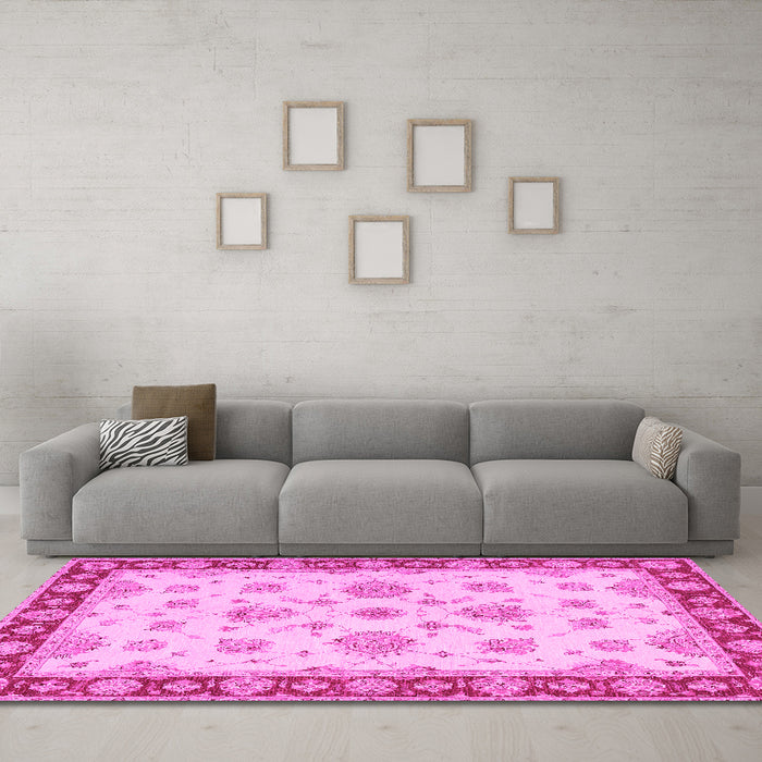 Machine Washable Oriental Pink Traditional Rug in a Living Room, wshtr1345pnk