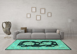 Machine Washable Oriental Turquoise Traditional Area Rugs in a Living Room,, wshtr1346turq
