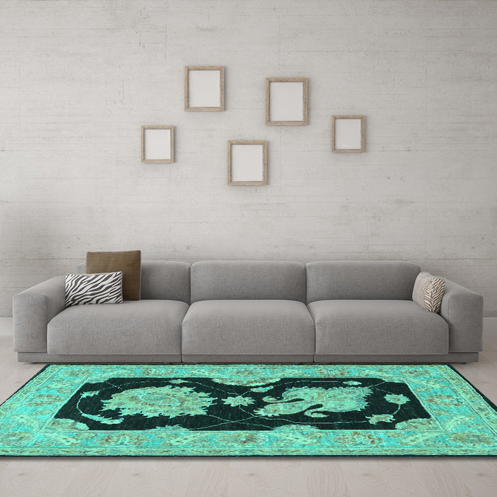 Machine Washable Oriental Turquoise Traditional Area Rugs in a Living Room,, wshtr1346turq